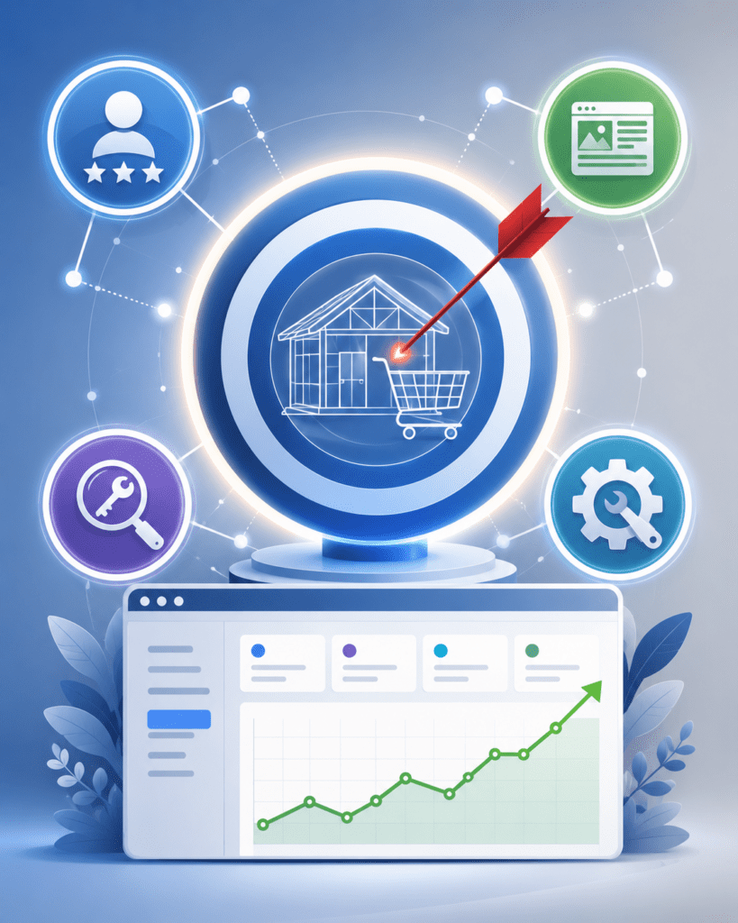 llustration showing the key ranking factors for an ecommerce SEO strategy, including keyword research, site structure, product images, and technical SEO to boost organic traffic