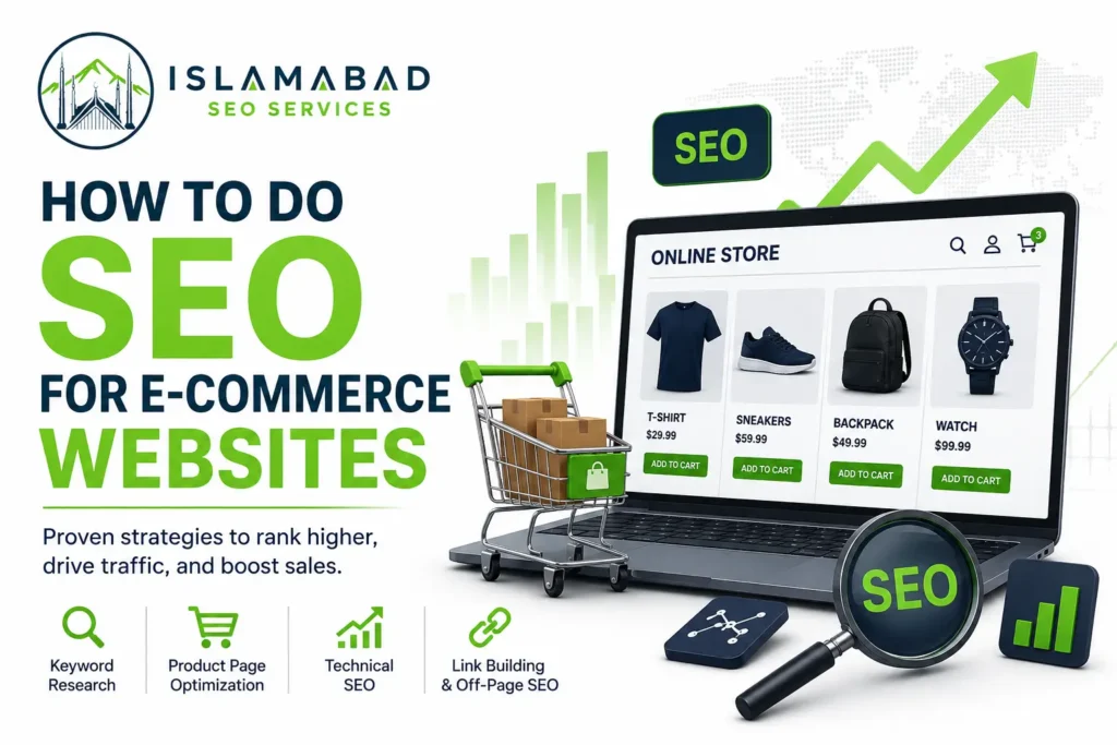E-commerce SEO with keyword research, product optimization, and link building
