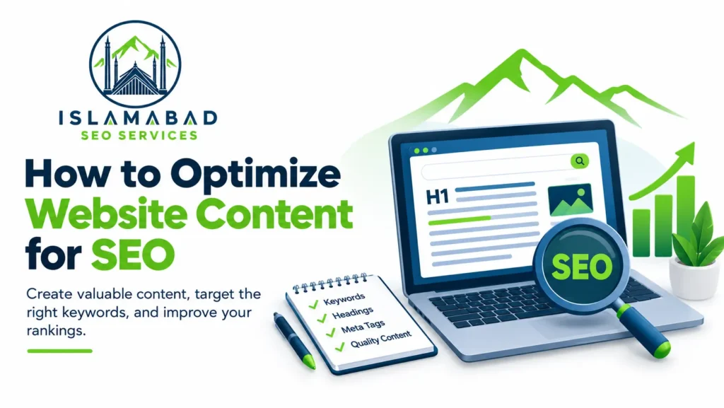 Optimize website content with keywords, headings, meta tags, and quality content