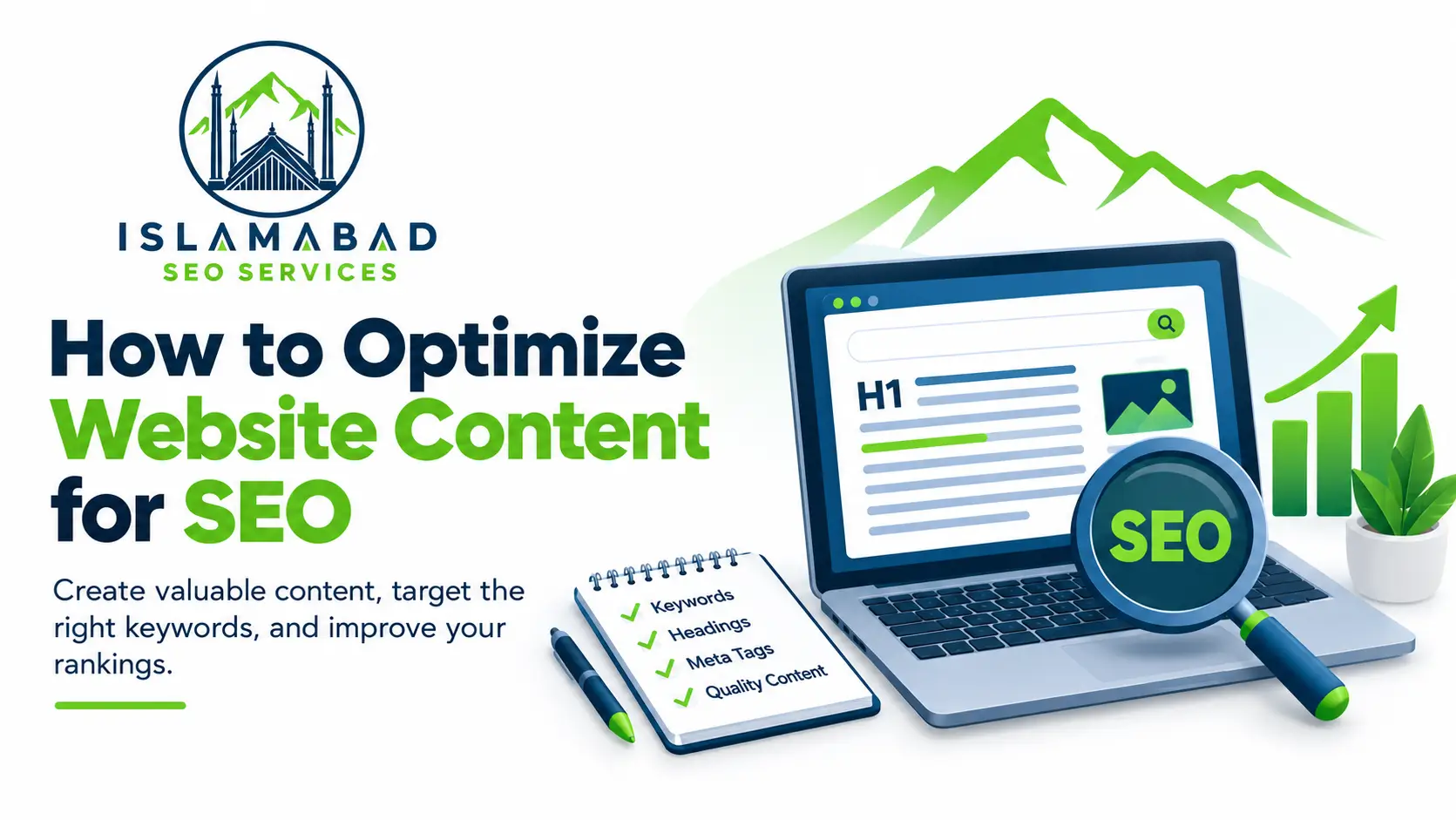 Optimize website content with keywords, headings, meta tags, and quality content