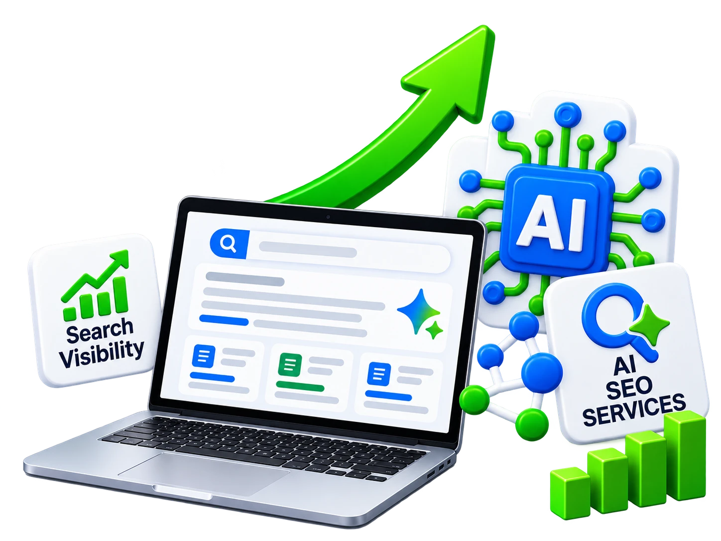 Laptop with AI SEO and search growth icons