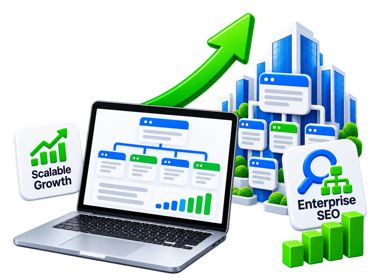 3D graphic featuring a central enterprise tower