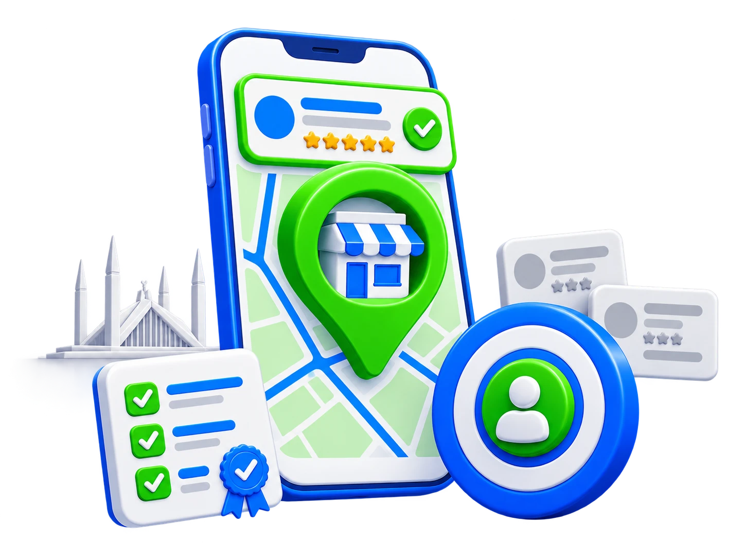 3D smartphone map illustration for local SEO and store locator